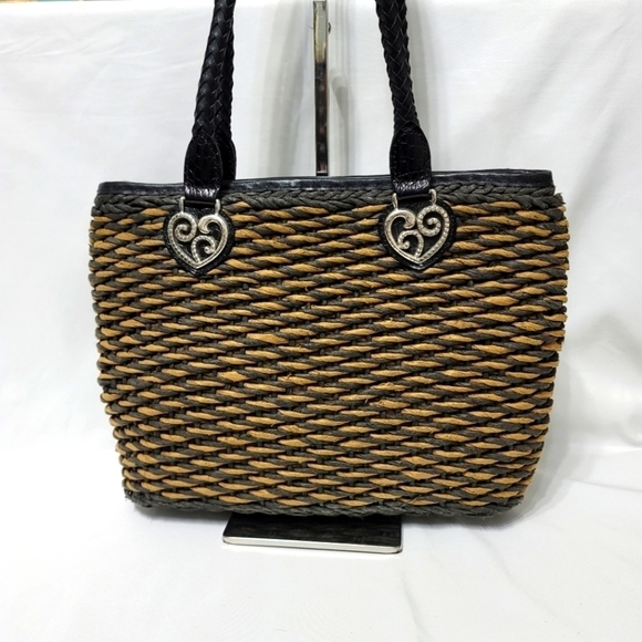 Brighton Handbags - Vintage Brighton Raffia Straw Leather Trim Shoulder Bag - Black & Tan